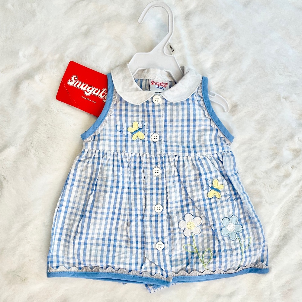Snugabye 2 Piece Set Blue & White Gingham Top & Shorts Butterfly Flowers 3-6M